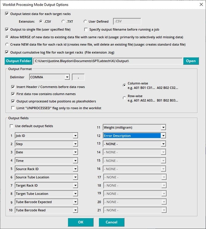 output file selection