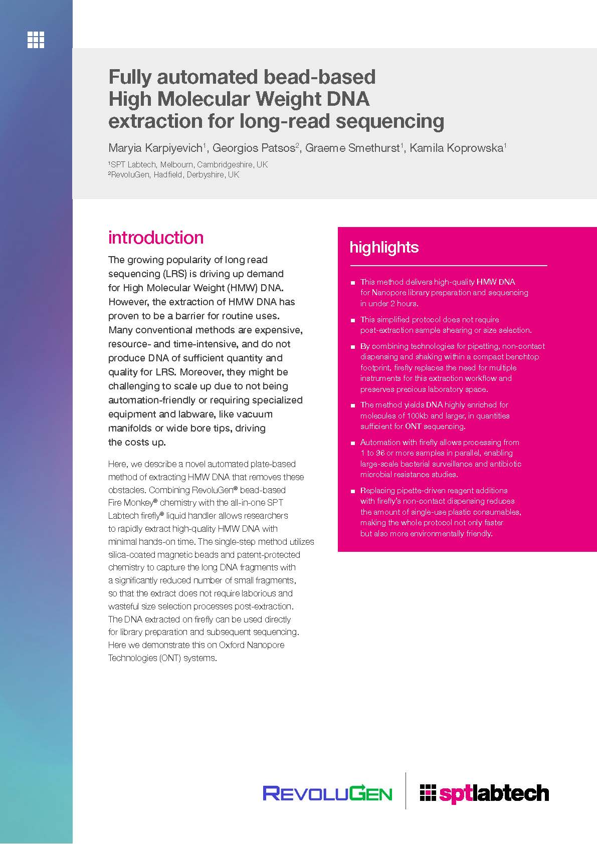 SPT Labtech_RevoluGen_Fully automated bead-based HMW DNA extraction for long-read sequencing_FINAL_Page_1